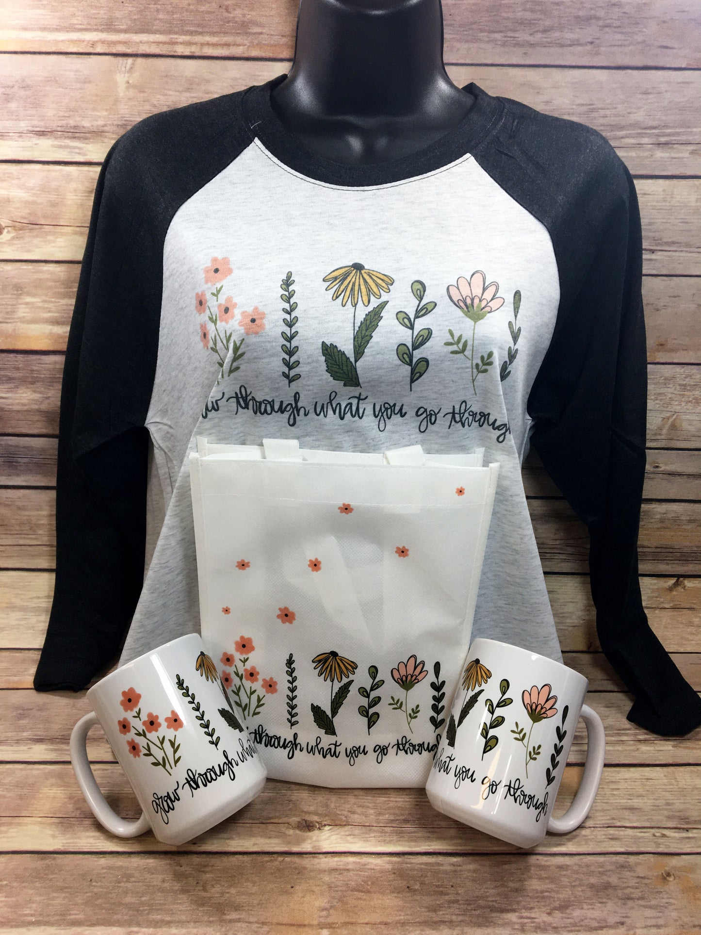 Grow Through What you Go Through boho floral t-shirt, sweatshirt, mug, bag set - FREE SHIPPING