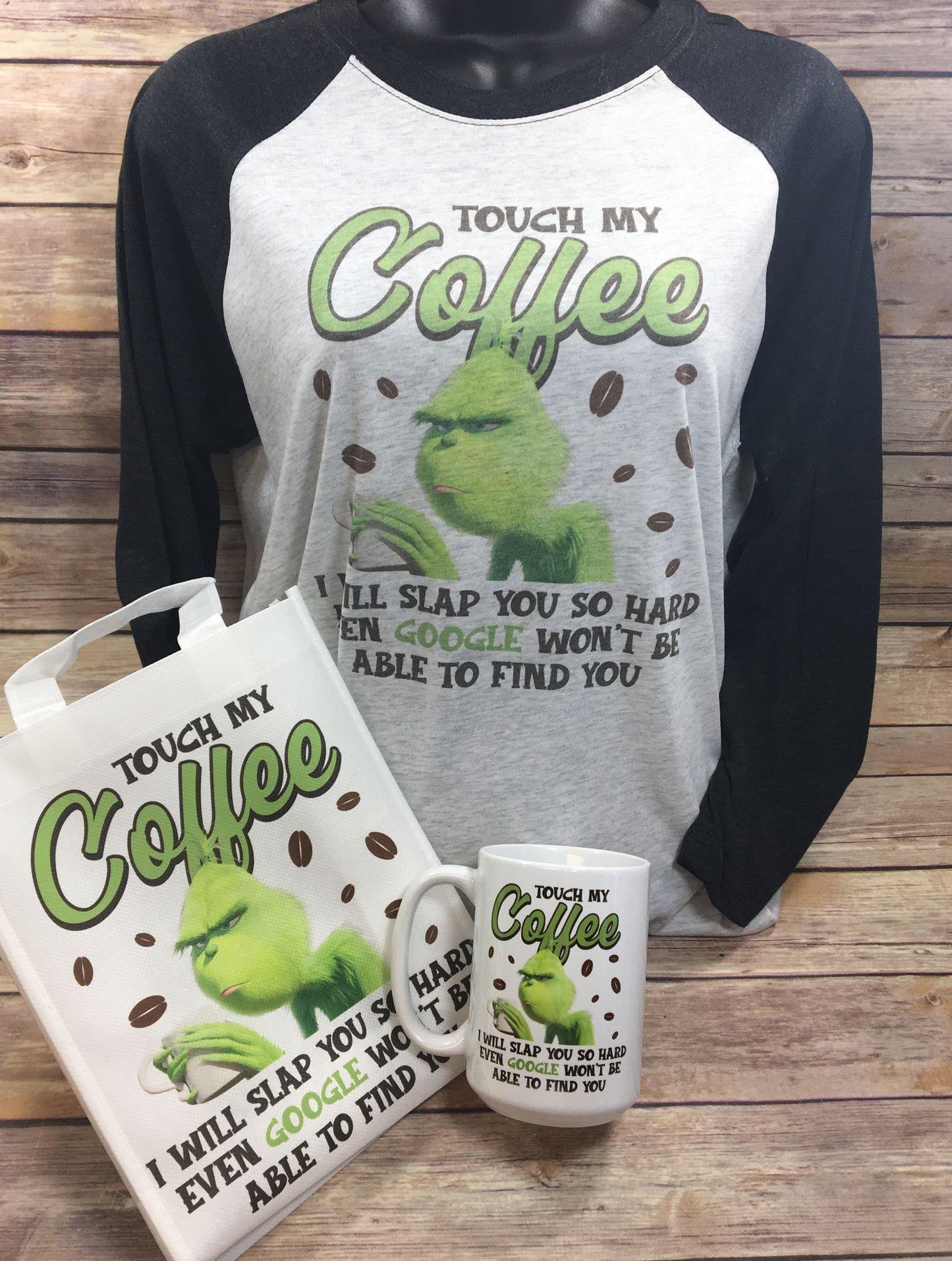 Coffee Lover Grinch Tshirt, Mug, Gift Bag set