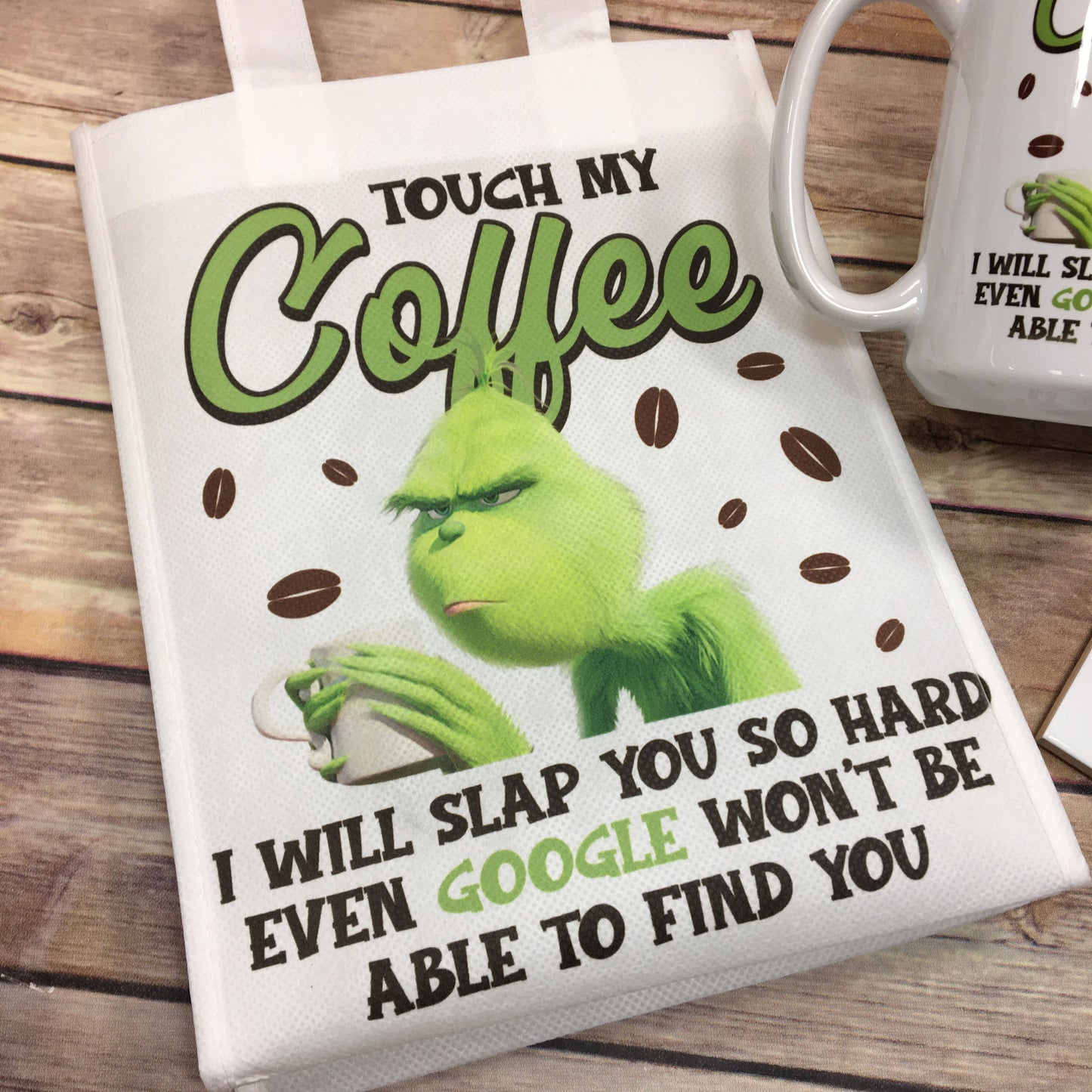 Coffee Lover Grinch Tshirt, Mug, Gift Bag set