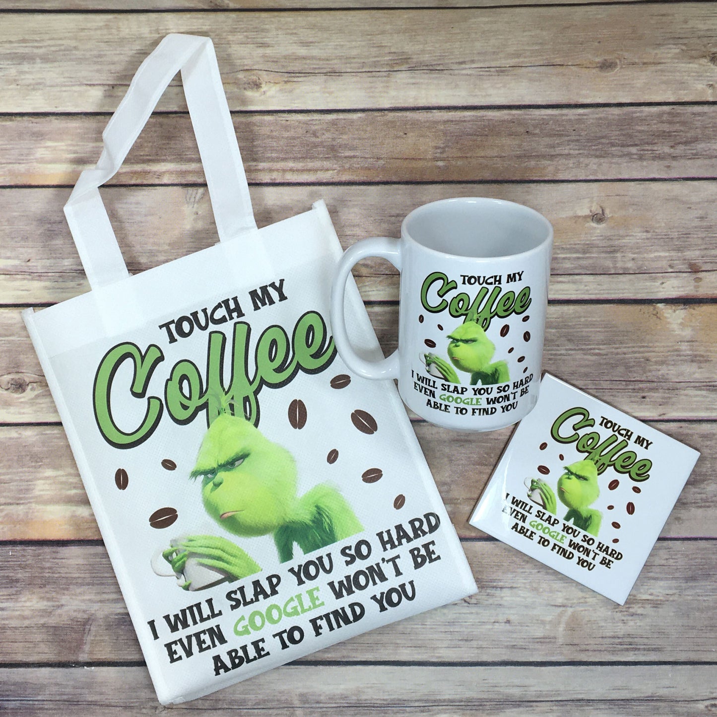 Coffee Lover Grinch Tshirt, Mug, Gift Bag set