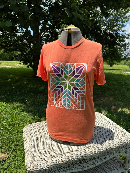 Cross Barn Star Quilt Tshirt for Quilters - Coral and lots of glitter!