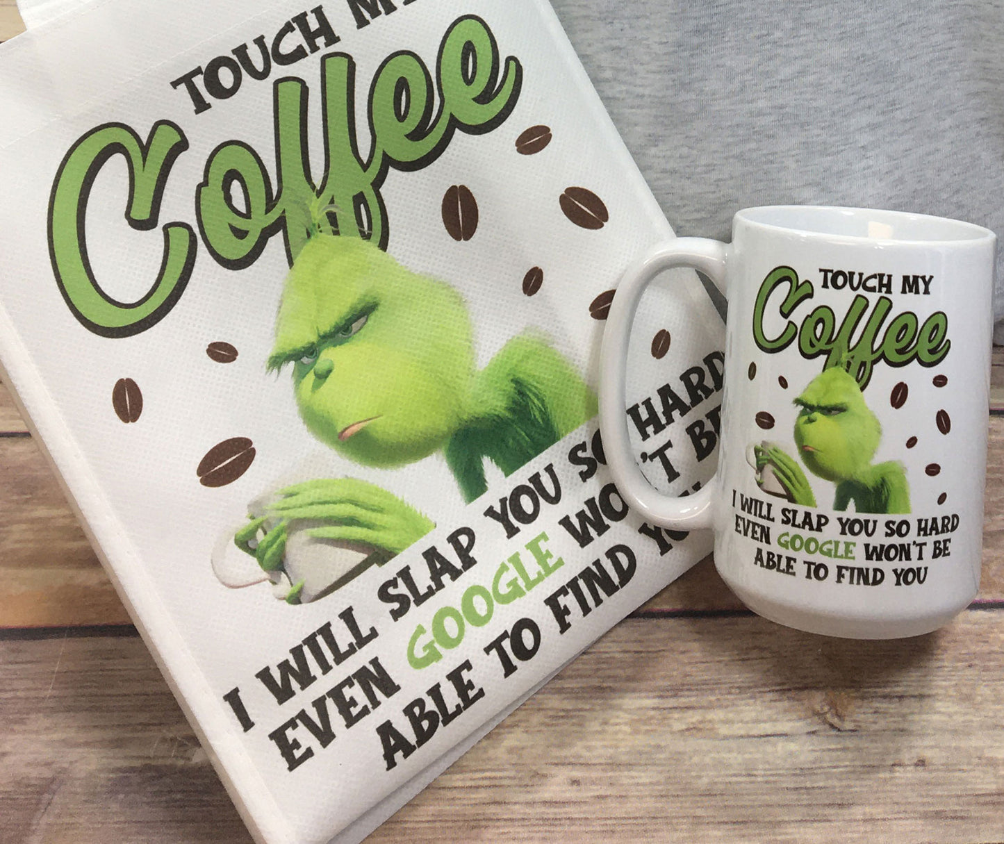 Coffee Lover Grinch Tshirt, Mug, Gift Bag set