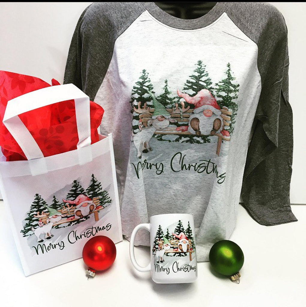 merry christmas gnome and deer tshirt mug gift bag