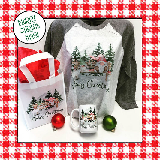 Merry Christmas gnome and deer Tshirt, Mug, Gift Bag set - FREE SHIPPING